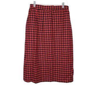 Womens Straight Midi Wool Skirt 6 Red Black Check Houndstooth Preppy Office